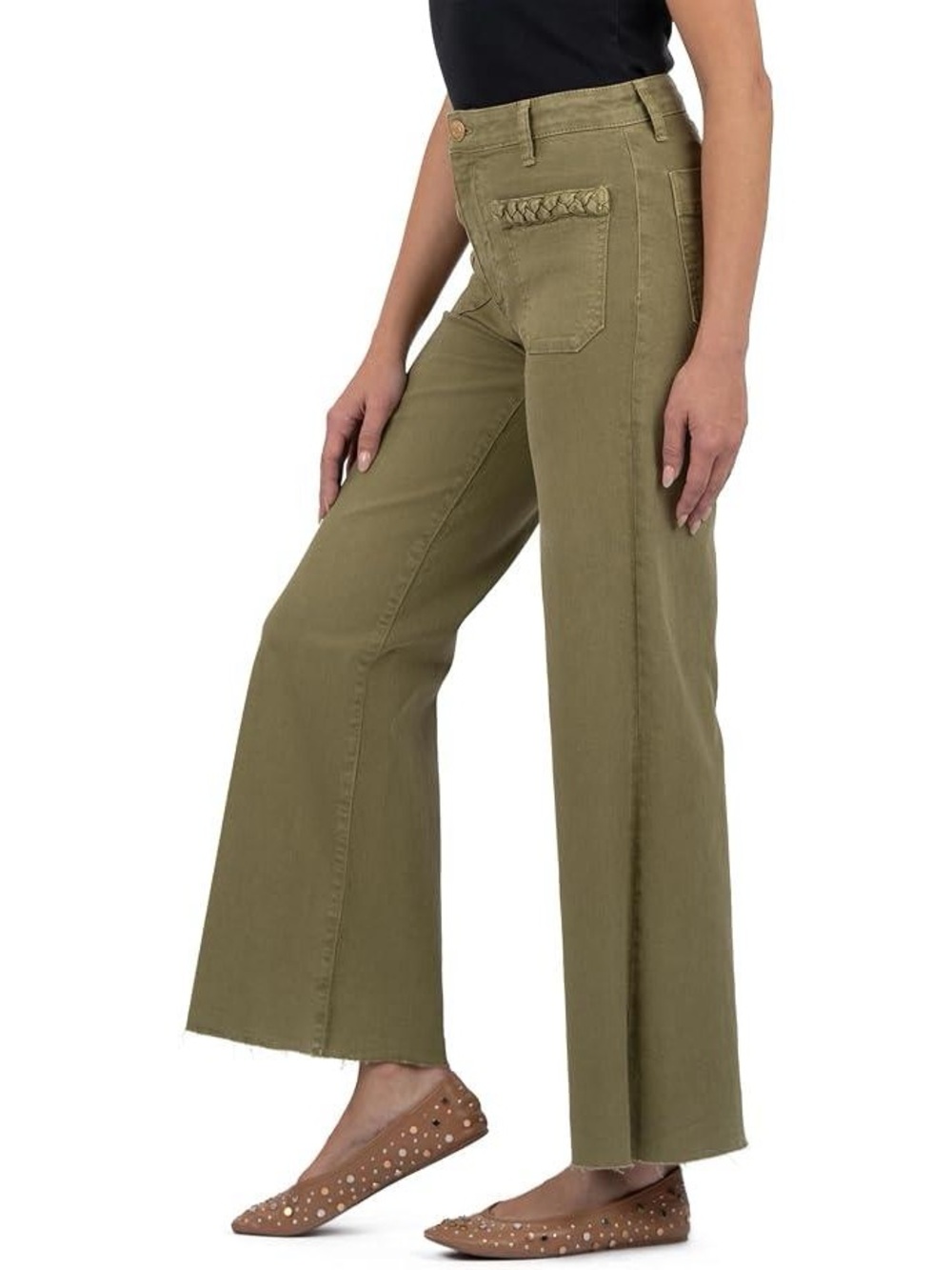 KUT from the Kloth Meg High Rise Wide Leg Olive Braided Pocket Jeans Size 12 NWT